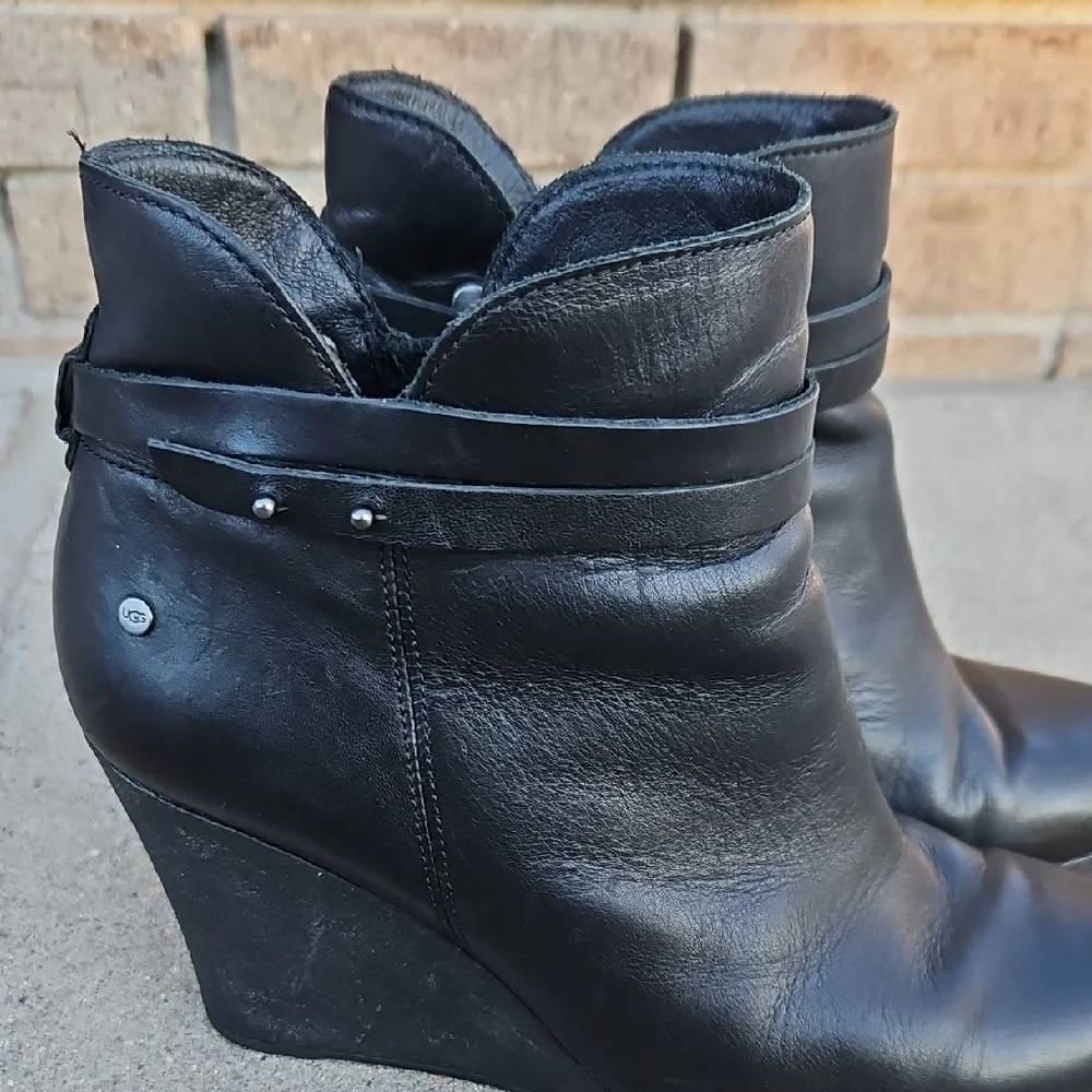 UGG Black Leather Wedge Ankle Boots